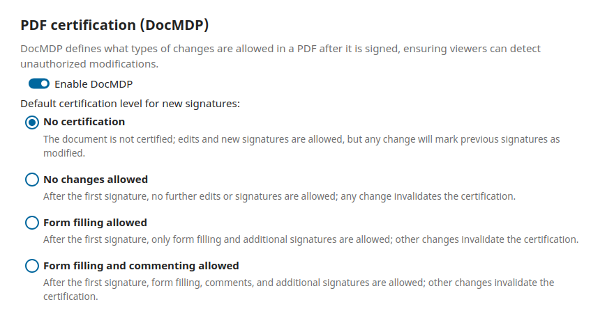 DocMDP (Document Modification Detection and Prevention) in LibreSign